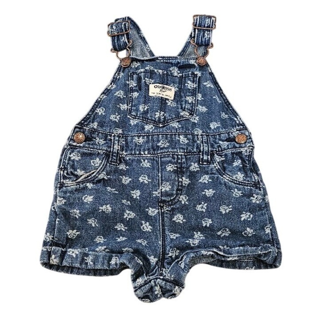 OshKosh Bgosh Baby Girls Floral Denim Shortalls Blue Rose Print Overalls 18M